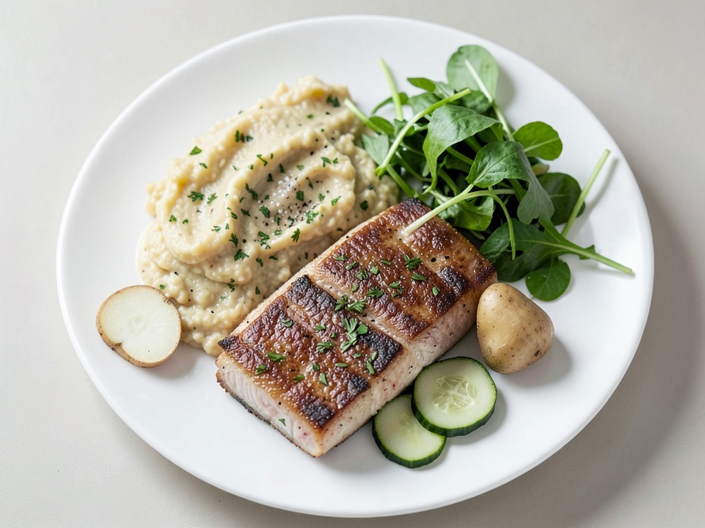 Baccalà con purè di patate al rafano e insalata di crescione