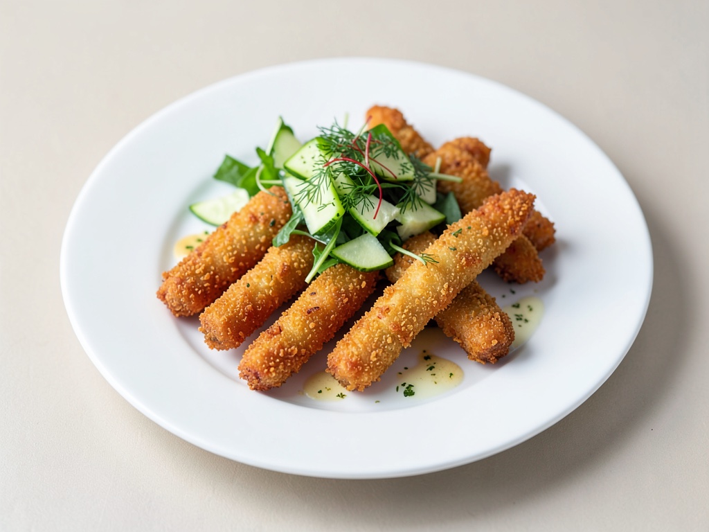 Palitos de pescado crujientes con ensalada de pepino y eneldo de freidora de aire