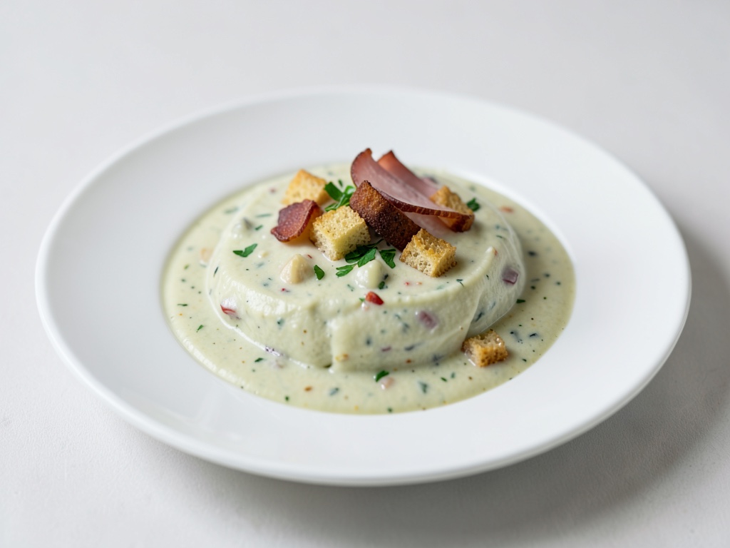 Sopa cremosa de apio y manzana con crutones crujientes y jamón ahumado