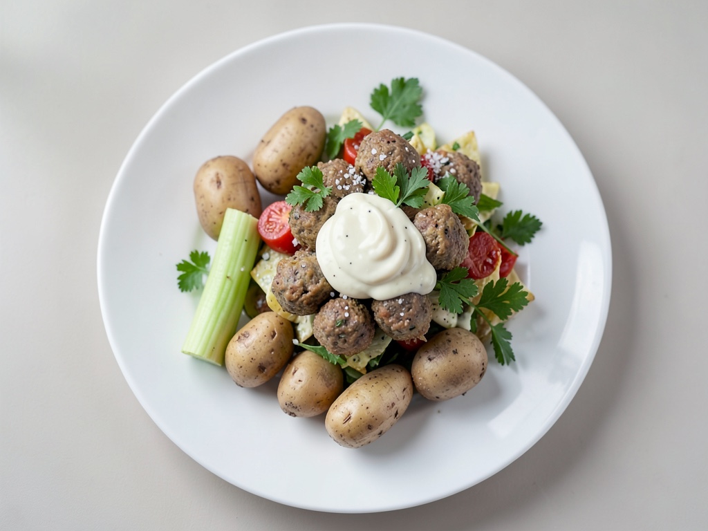 Insalata di sedano e patate con polpette di erbe e condimento allo yogurt e senape