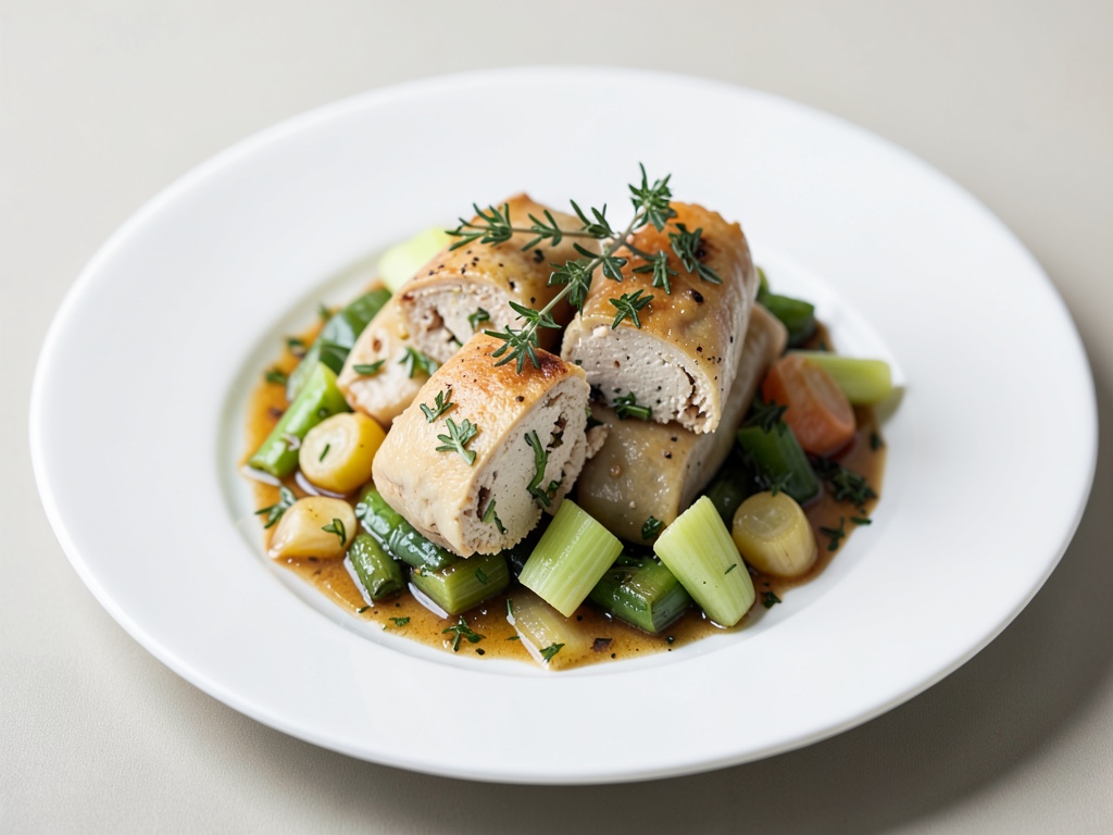 Sacchetti di sedano e tofu affumicato con timo e verdure di porro e sedano