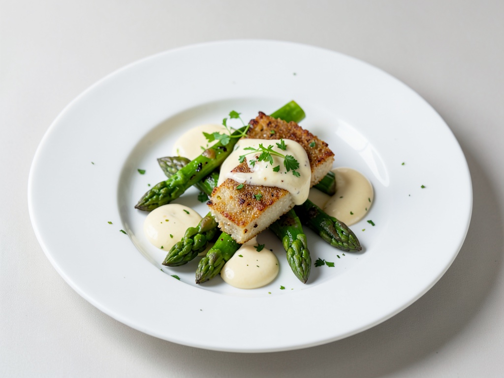 Cotoletta di sedano con asparagi e salsa olandese