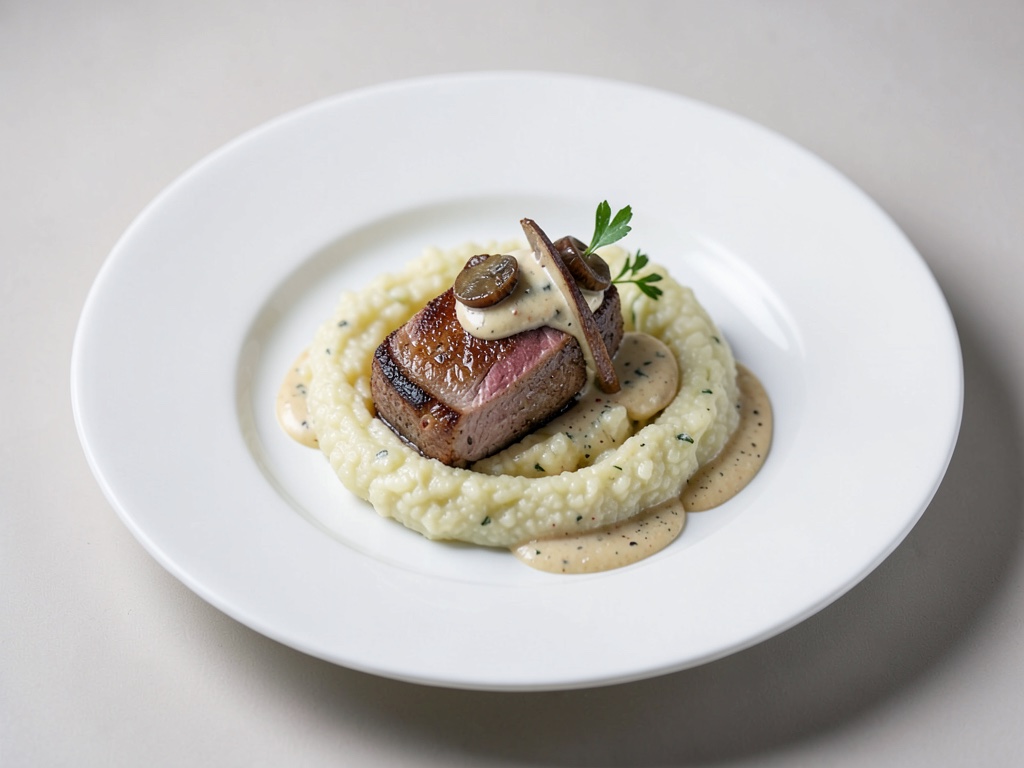 Purè cremoso di sedano e pera con filetto di maiale succoso e panna ai funghi chanterelle