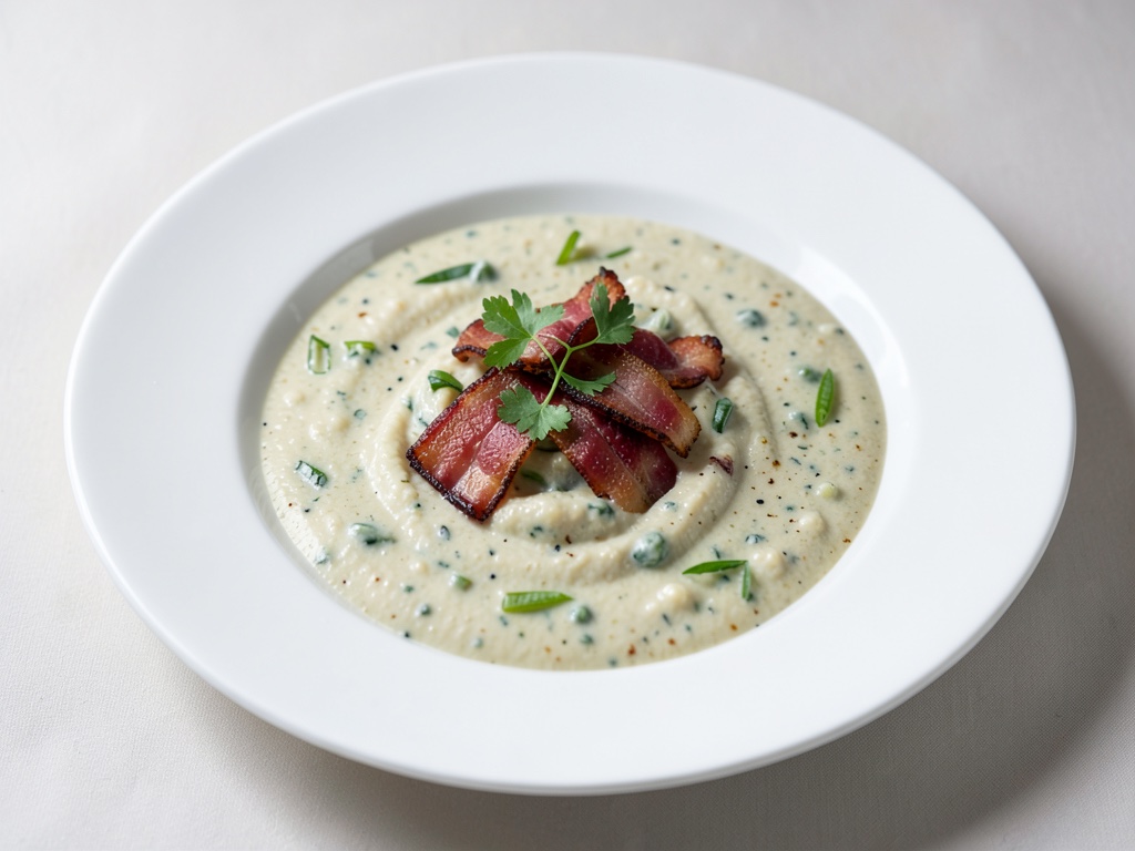 Zuppa cremosa di sedano e cocco con pancetta croccante