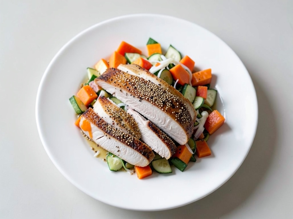 Pollo croccante al sesamo con insalata fresca di papaya e cetriolo