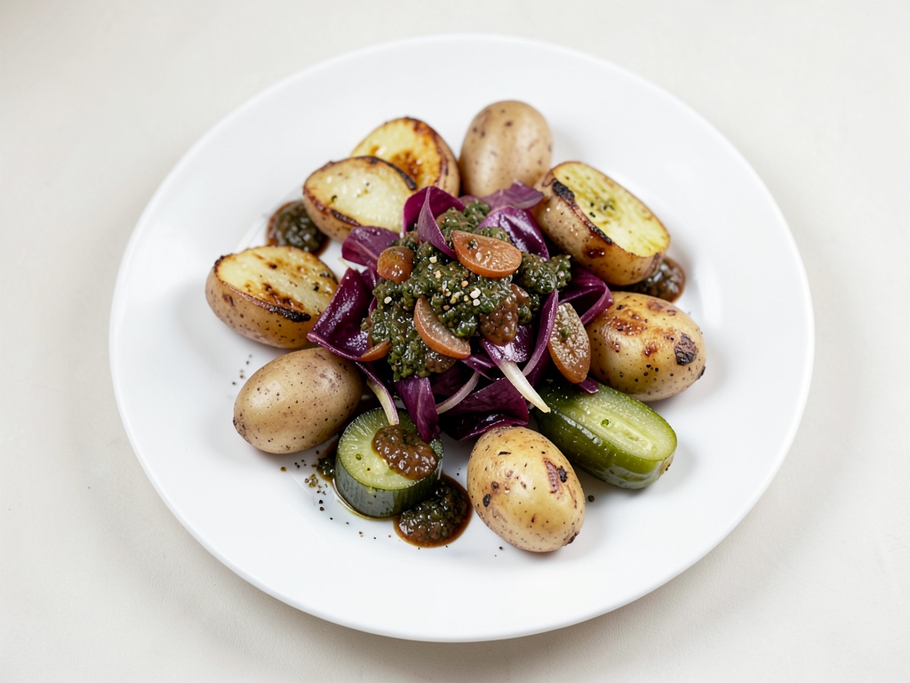 Patate schiacciate croccanti con insalata romana caramellata e salsa Gribiche