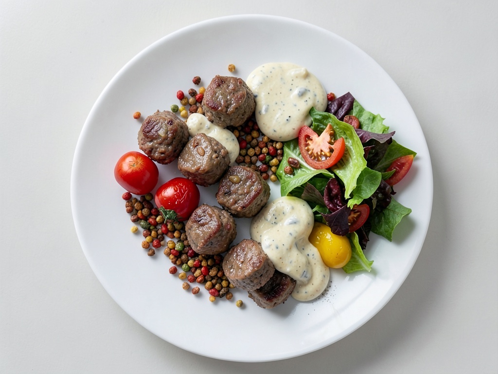 Tasche di polpette con salsa allo yogurt, insalata croccante e peperoni al forno