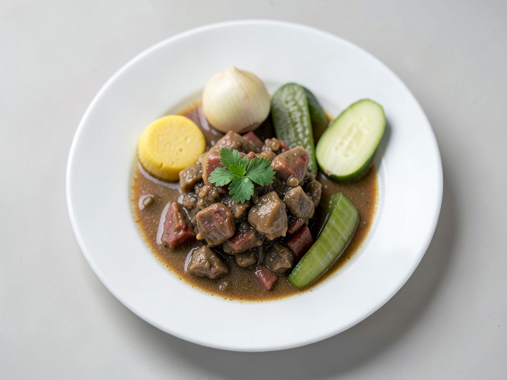 Sopa salada Soljanka con carne y pepinos
