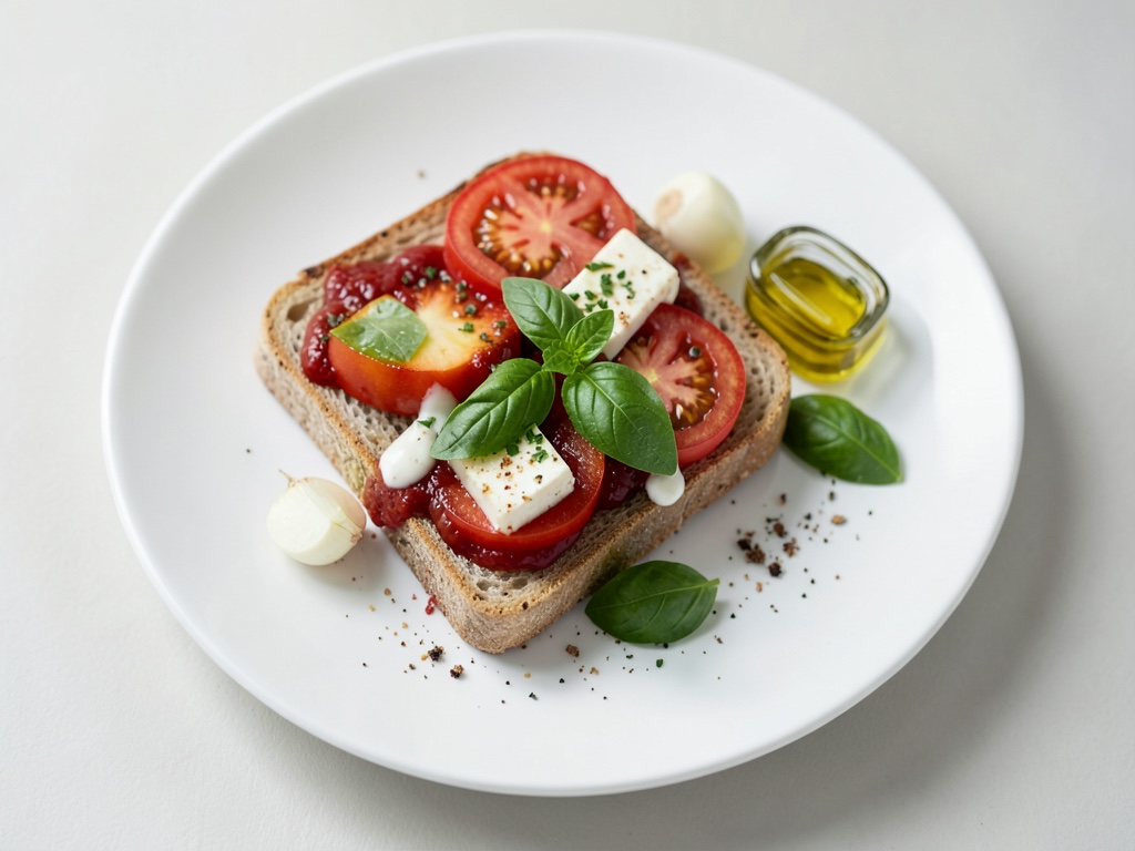 Sandwich estivo con pesca, pomodoro e halloumi, con olio al basilico e ketchup fatto in casa