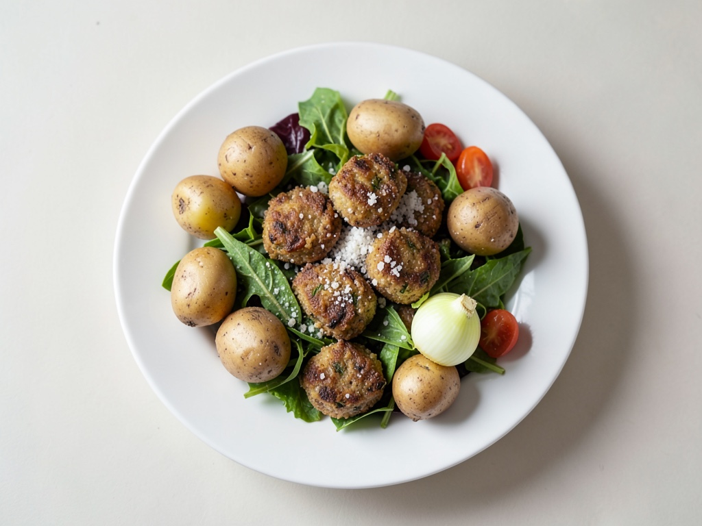 Patate fritte croccanti con insalata fresca e dip di formaggio fresco