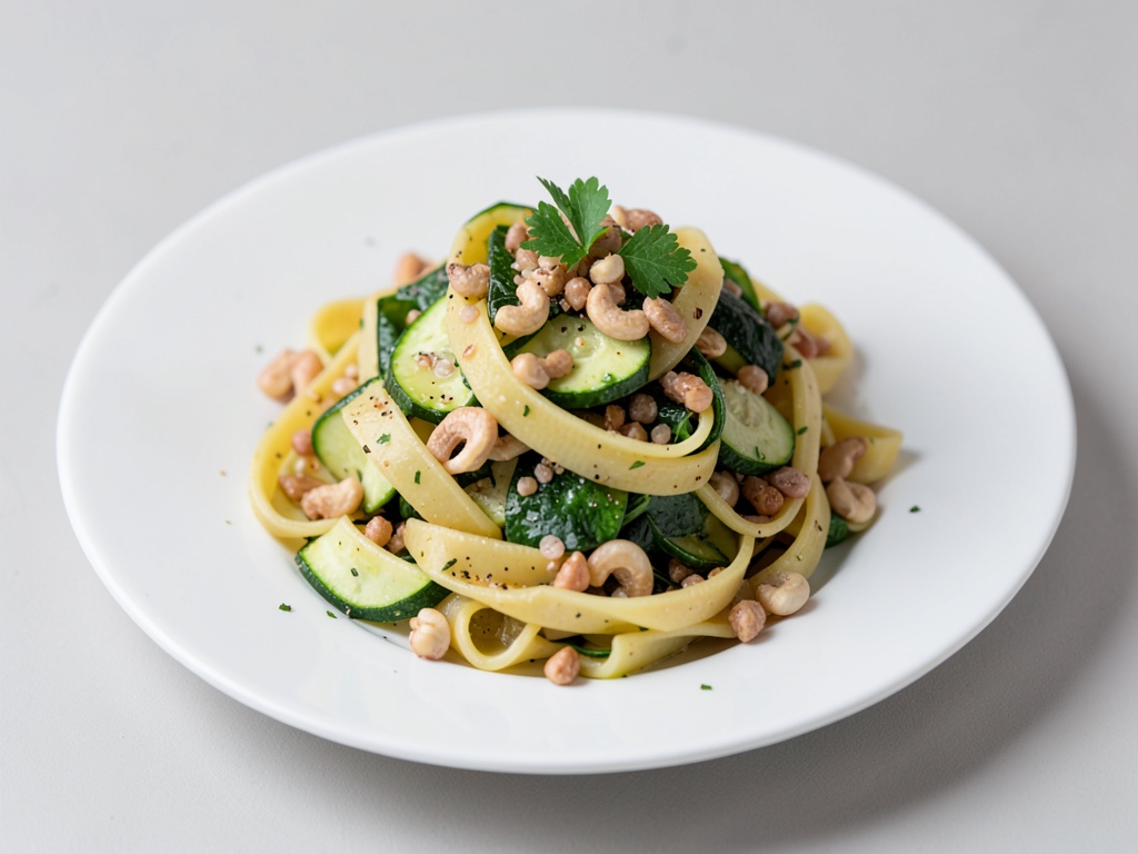 Ensalada fresca de pasta con calabacín y anacardos