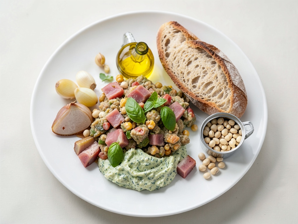 Cassoulet estivo con Kasseler, baguette e crema al basilico