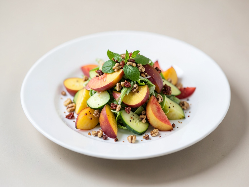 Salade d'été fruitée à la pêche, au concombre et aux noix épicées