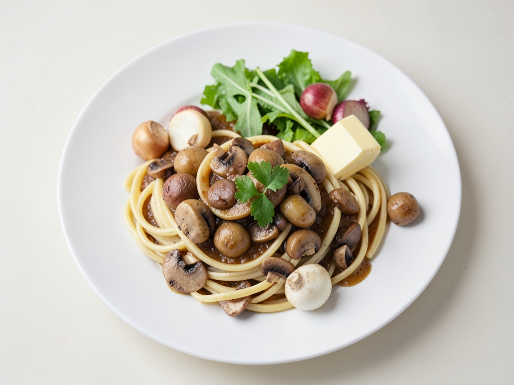 Spätzle con funghi champignon alla panna, cipolle brasate e insalata