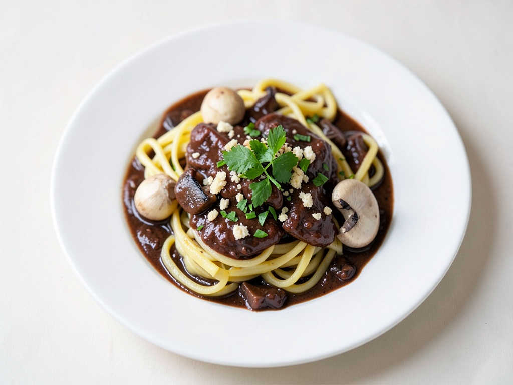 Spätzle croccanti con salsa di funghi e vino rosso intensa