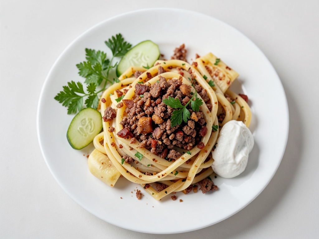 Spätzle croccanti con pancetta, porro e cipolle fritte