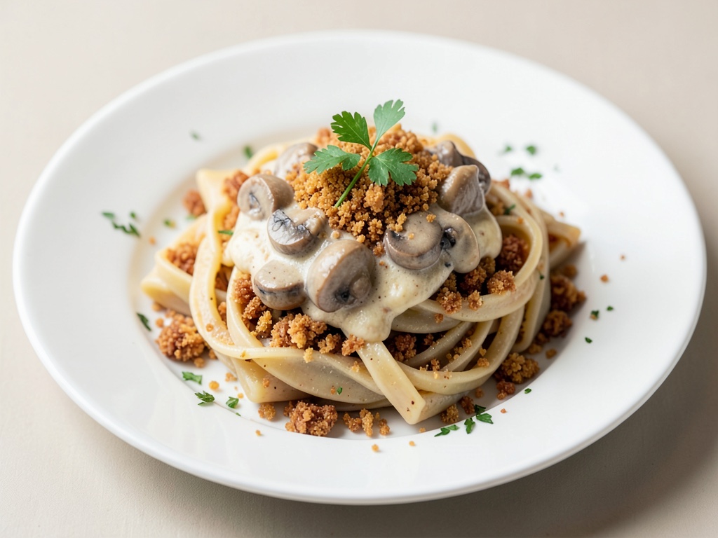 Spätzle à la crème de champignons et miettes croustillantes