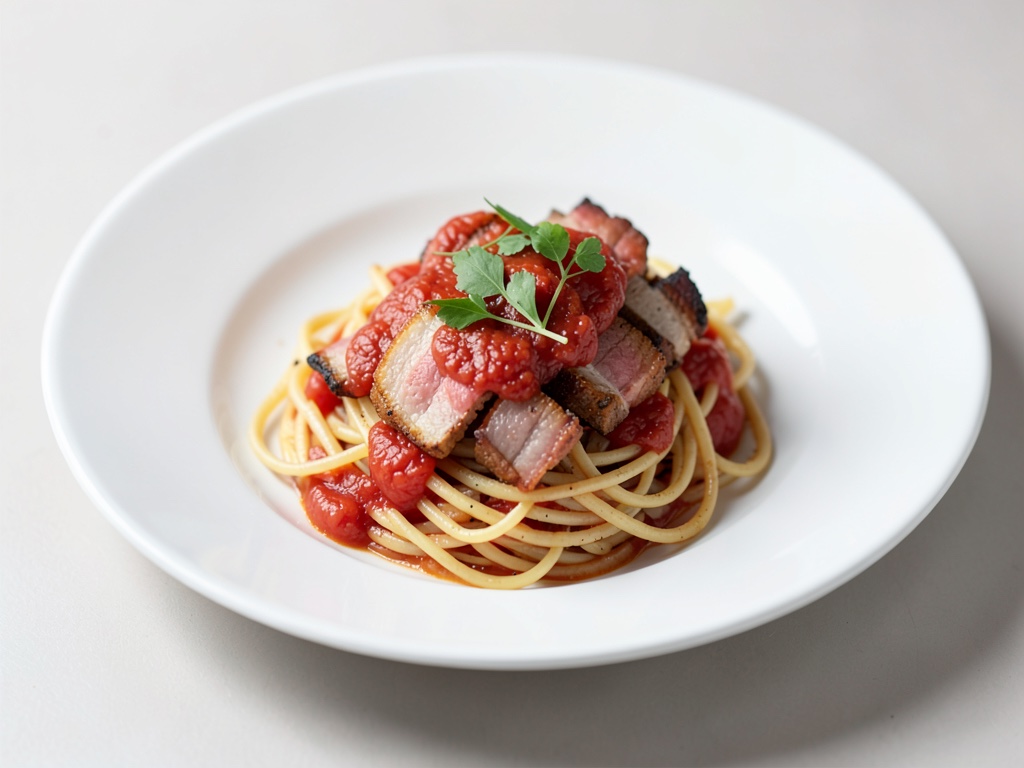 Knuspriger Speck mit Tomatensoße auf Spaghetti
