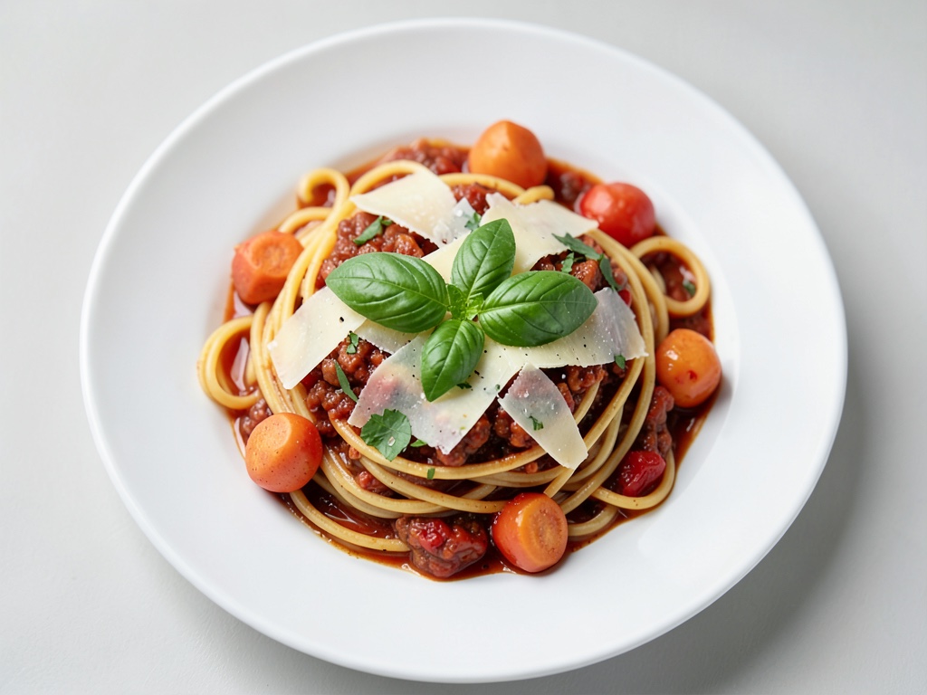 Klassische Spaghetti Bolognese mit frischem Basilikum und Käse