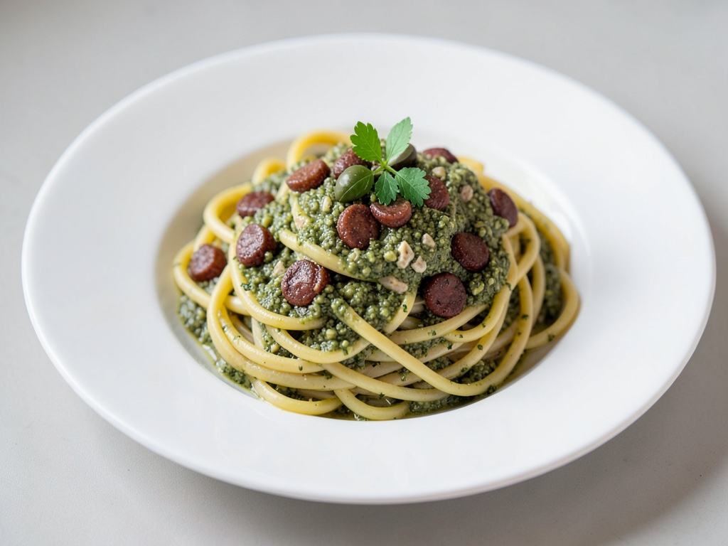Spaghetti Carbonara mit Chorizo und grünem Olivenpesto