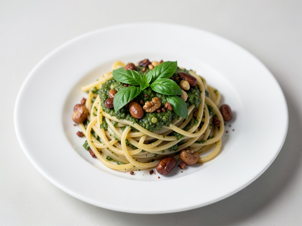 Spaghetti mit frischem Basilikum-Pesto und gerösteten Nüssen