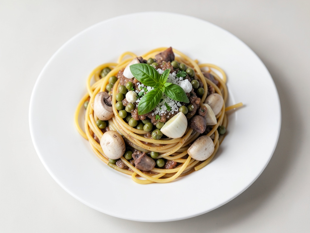 Cremige Spaghetti mit Champignons, Erbsen und frischem Basilikum