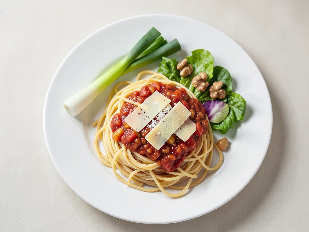 Spaghetti con salsa di pomodori e mele fruttata, parmigiano e insalata con noci