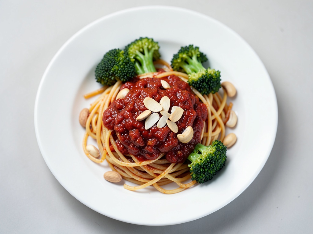 Spaghetti mit geröstetem Brokkoli und rotem Pesto mit Mandeln