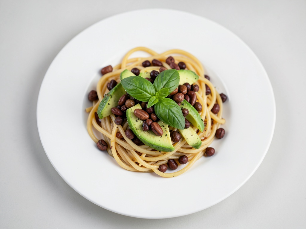 Spaghetti mit gerösteten Pinienkernen, Avocado und Basilikum