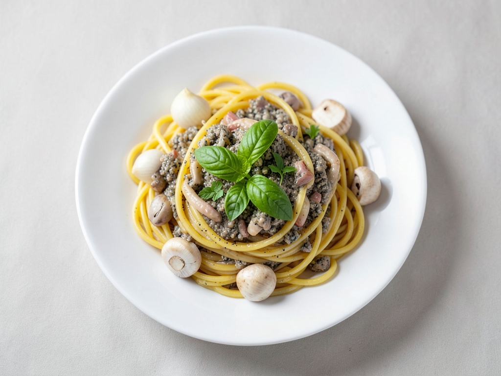 Spaghetti mit cremiger Gorgonzola-Pilzsoße und frischem Basilikum