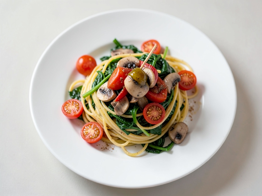 Spaghetti mit Honig-Tomaten, Blattspinat und Champignons