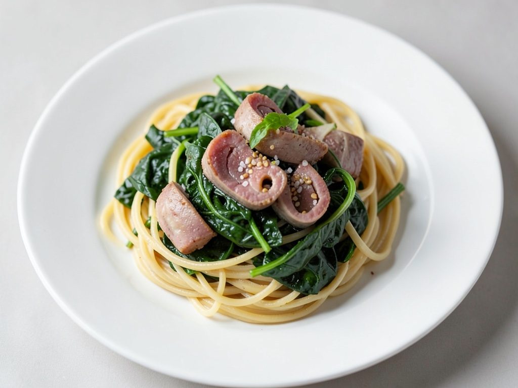Spaghetti mit Puten-Schinken-Röllchen auf rahmigem Spinat
