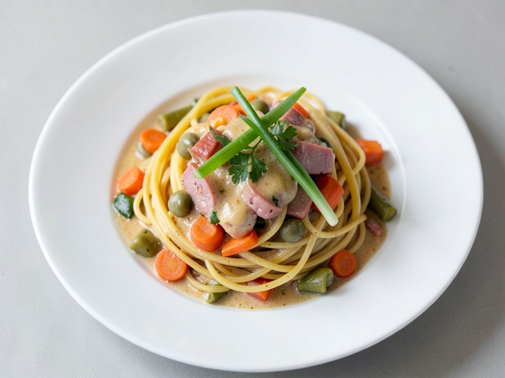 Käse-Sahne-Spaghetti mit Schinken und buntem Gemüse