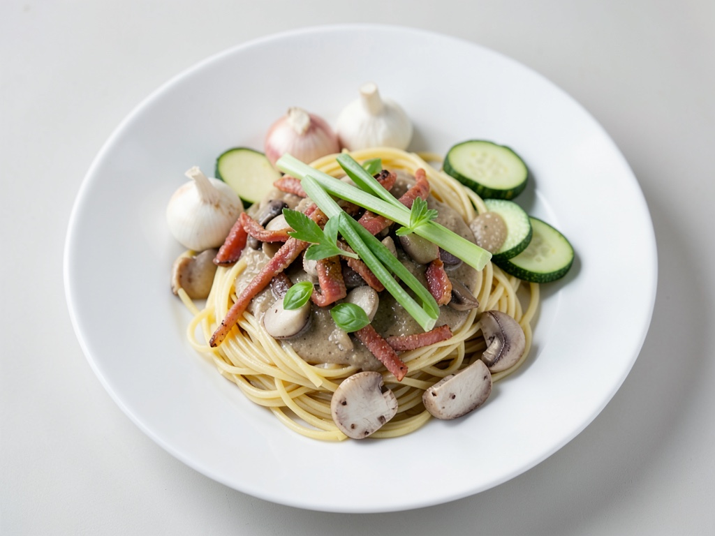 Spaghetti mit Schnitzelstreifen und Pilz-Rahm-Sauce