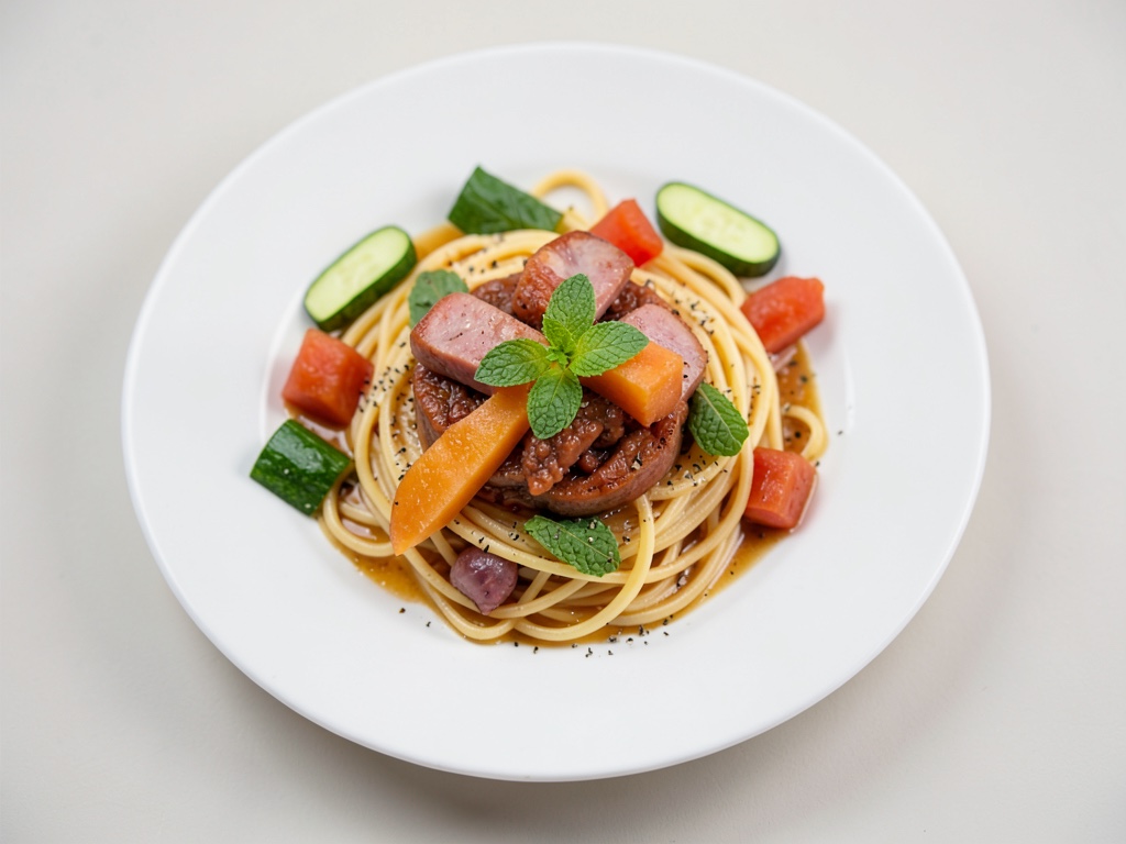 Spaghetti mit Serranoschinken, Honigmelone und Minze