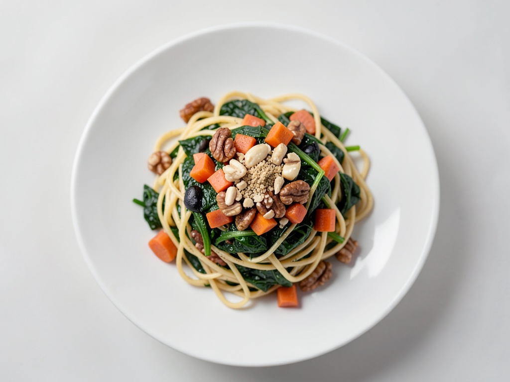 Spaghetti mit Spinat, geröstetem Knoblauch und Walnuss-Karotten-Topping