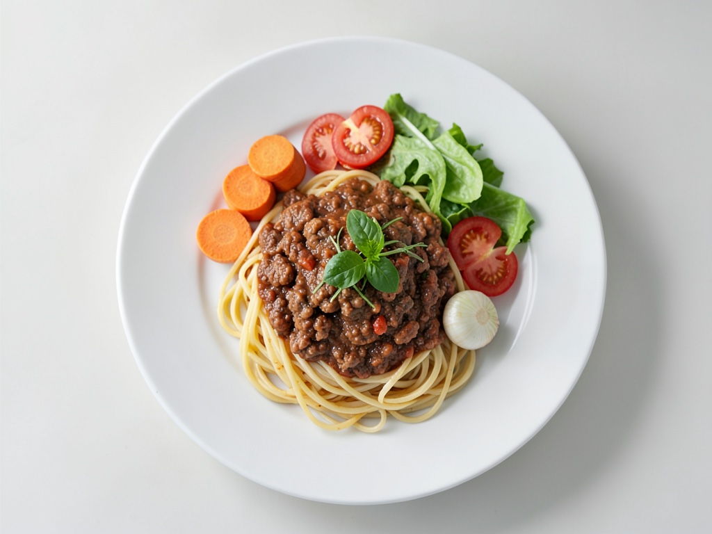 Spaghetti mit weißer Bolognese und Tomatensalat