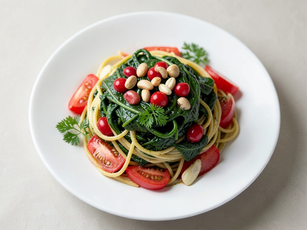 Cremiger Spinat mit Pinienkernen und Rosinen auf Spaghetti, dazu Tomatensalat