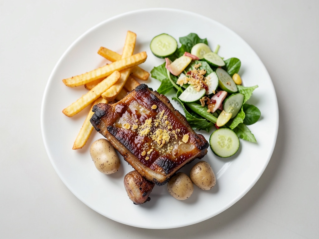 Spareribs con patatine al parmigiano e insalata di cetrioli