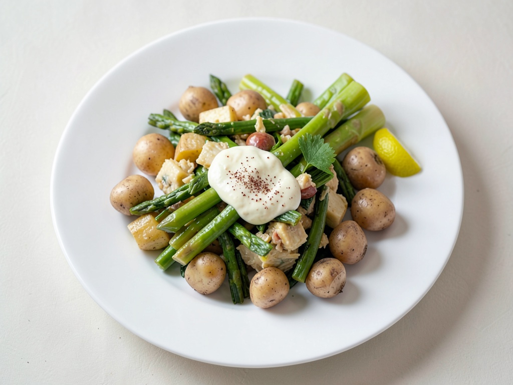 Insalata di patate e asparagi verdi con maionese al lime