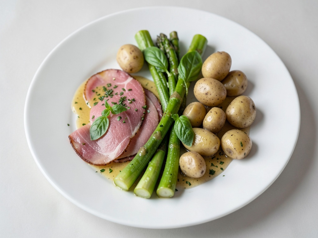 Asparago con prosciutto, patate al miele e salsa al basilico