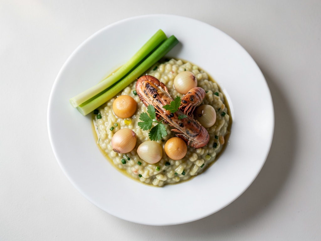 Risotto agli asparagi con piselli dolci e gamberi fritti