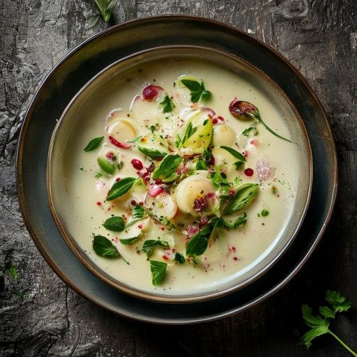 Sopa cremosa de espárragos con puntas frescas