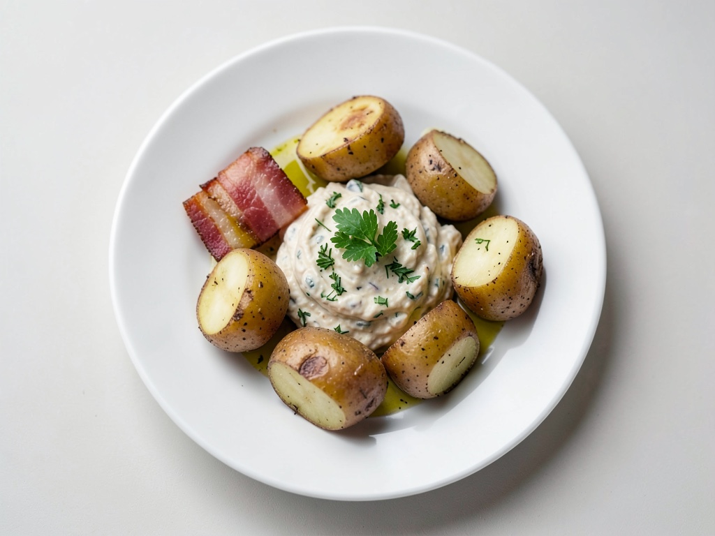 Patate al forno avvolte nel bacon con dip di erbe ed uova