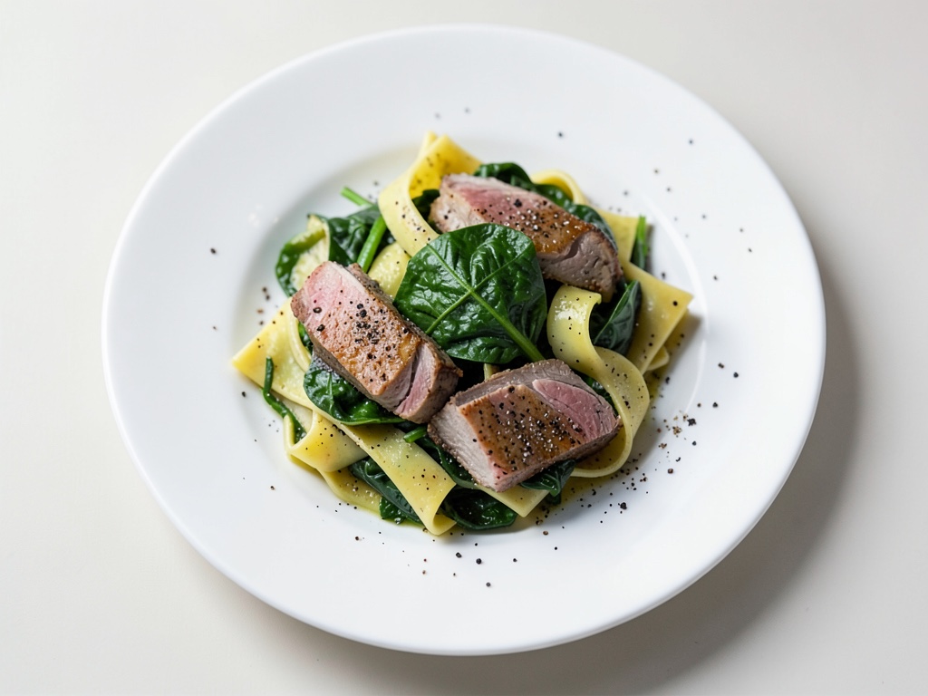 Involtini di carne con spinaci e tagliatelle