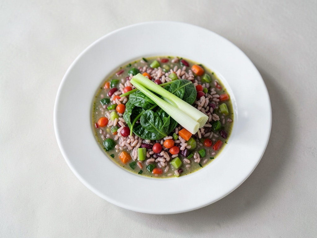 Sopa cremosa de espinacas con guarnición de arroz crujiente