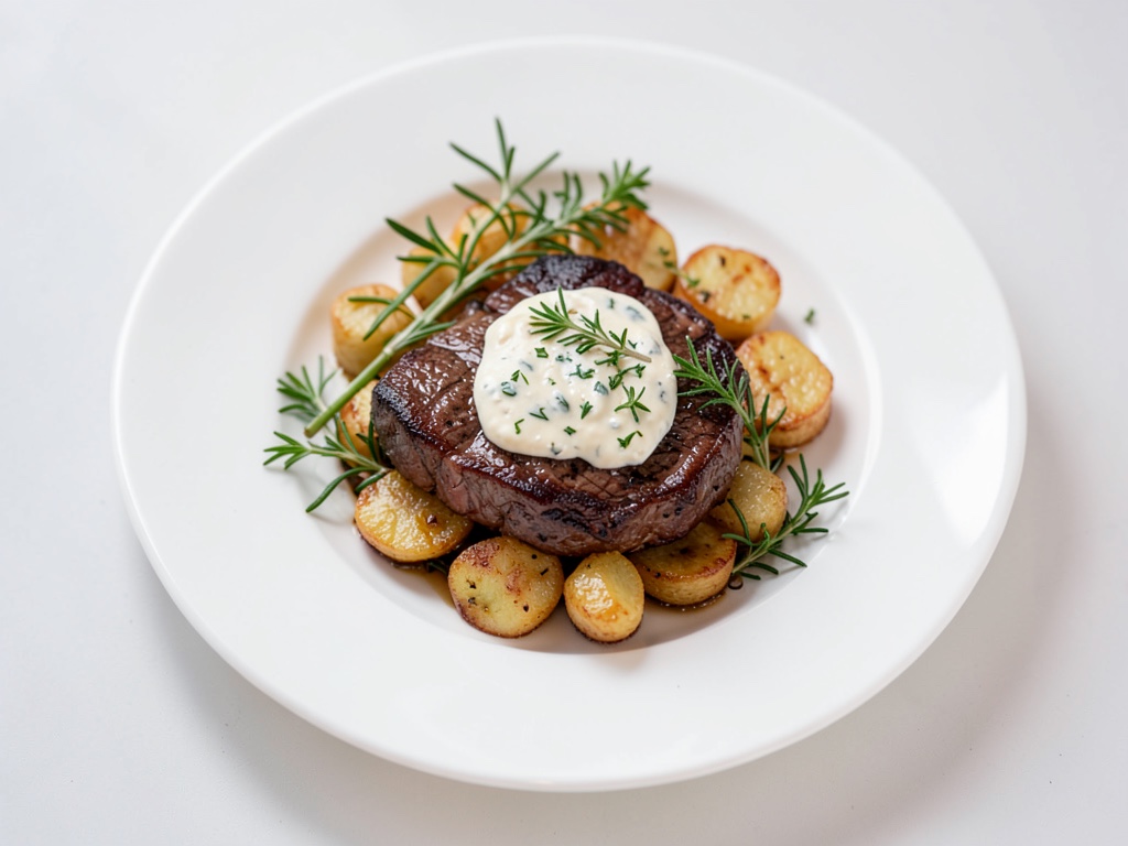 Steaks juteux avec frites croustillantes et beurre aux herbes fraîches
