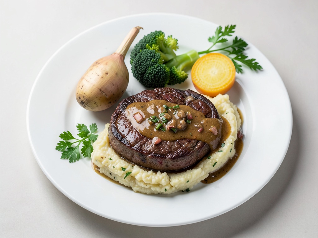 Bœuf juteux avec purée de brocoli et pommes de terre crémeuse et sauce au poivre