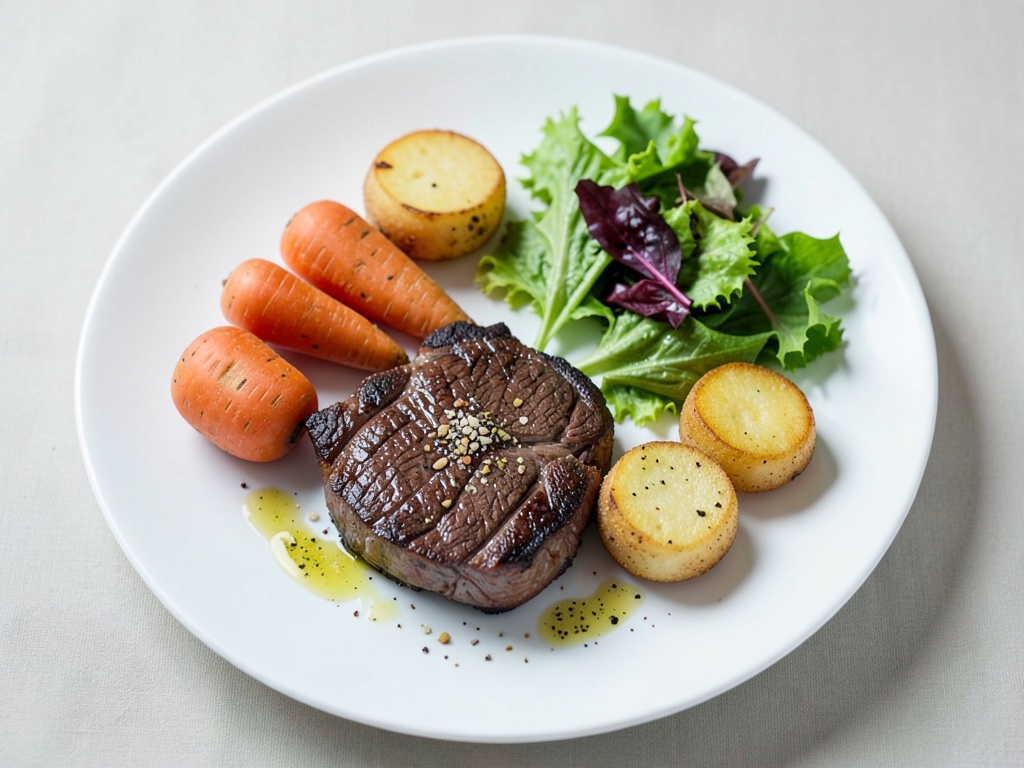 Steaks juteux avec légumes racines croustillants et mâche fraîche