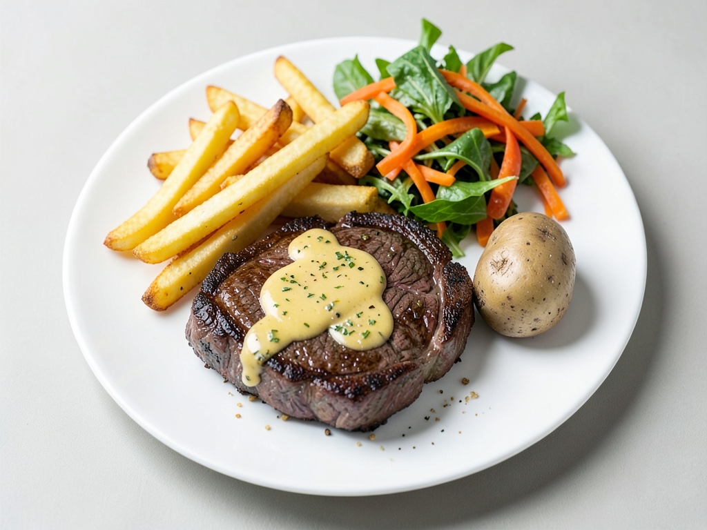Bistecca con burro alle arance e spezie, patatine fritte e insalata di carote